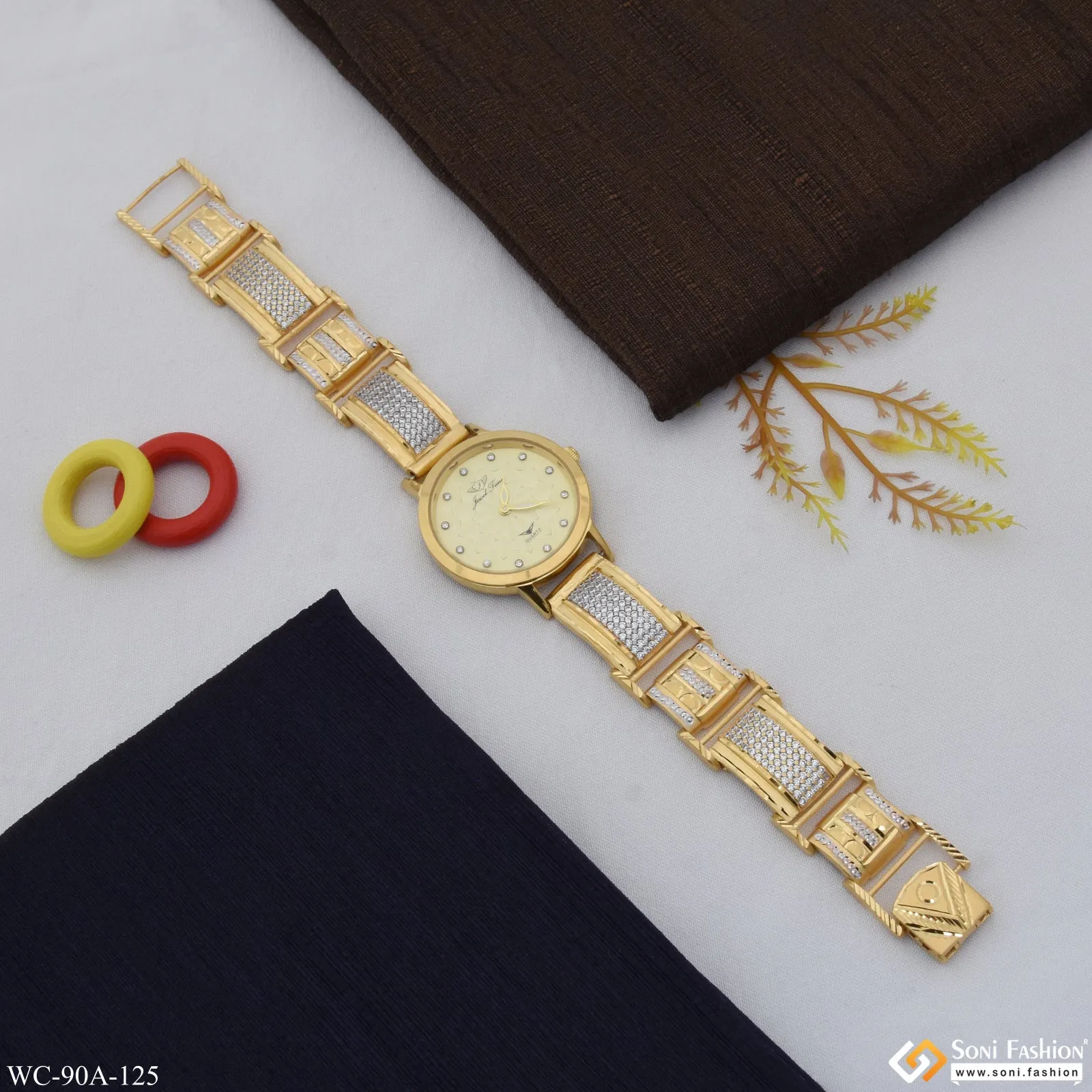 1 Gram Gold Plated with Diamond Chic Design Watch for Ladies - Style A125