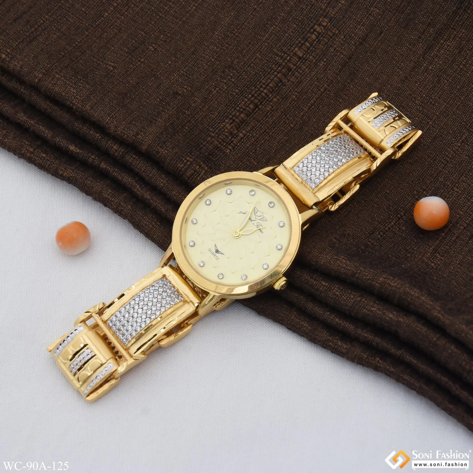 1 Gram Gold Plated with Diamond Chic Design Watch for Ladies - Style A125