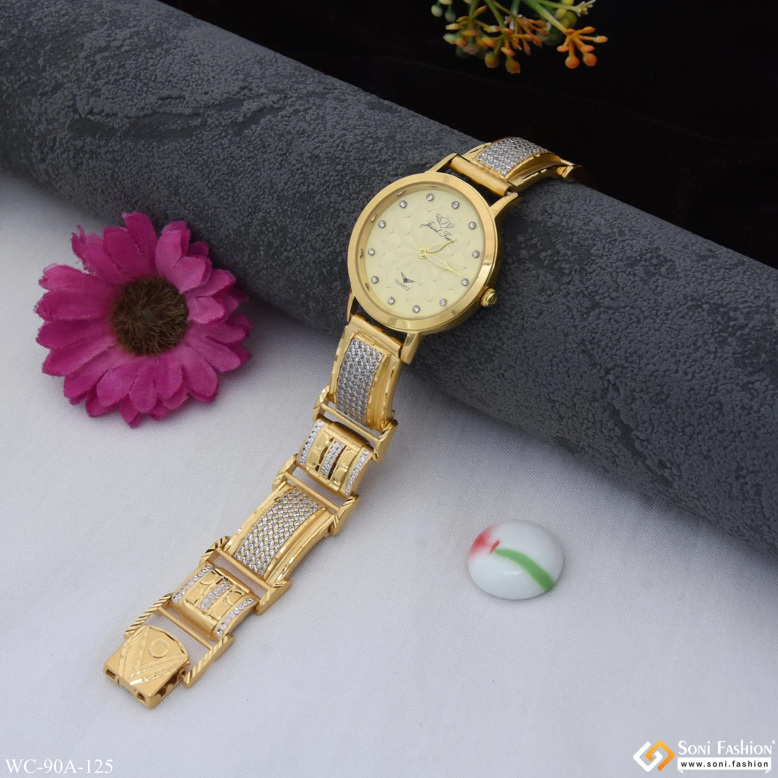 1 Gram Gold Plated with Diamond Chic Design Watch for Ladies - Style A125