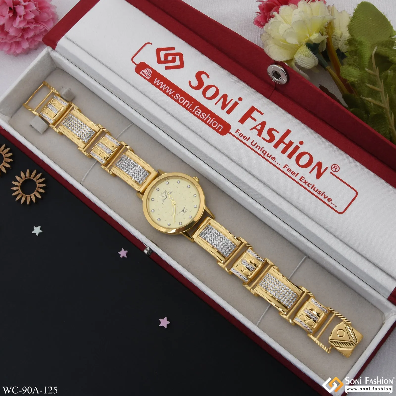 1 Gram Gold Plated with Diamond Chic Design Watch for Ladies - Style A125