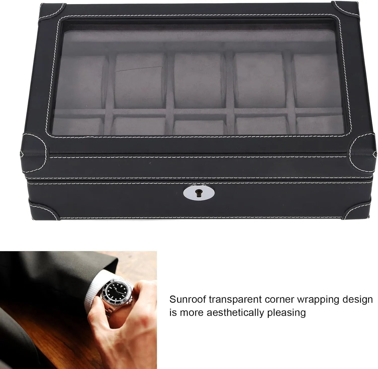 10 Slots Transparent Glass Window Watch Case Super Fiber Leather Soft Velvet Lined Lightweight Watch Display Case for Displaying and Organizing luxury fabulous stand educational carbonic bellow Watches (Black) Fockety Watch Box Organizer, 