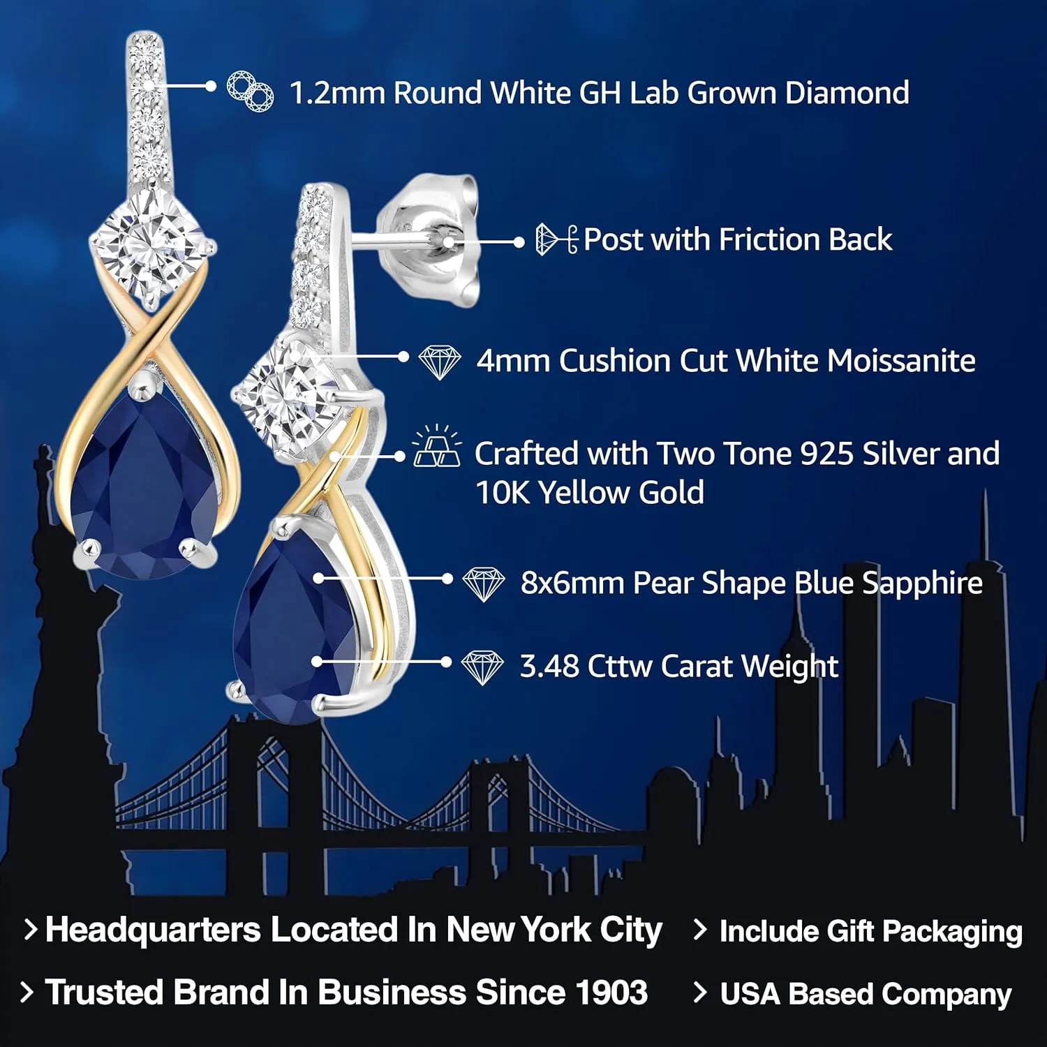 10K Yellow Gold Gemstone Birthstone and Accent Lab Grown Diamond Dangle Earrings | esteem home Pear Shape and Cushion |Two-Tone Infinity Dangle Earrings For Women Gem Stone King 925 Silver and 