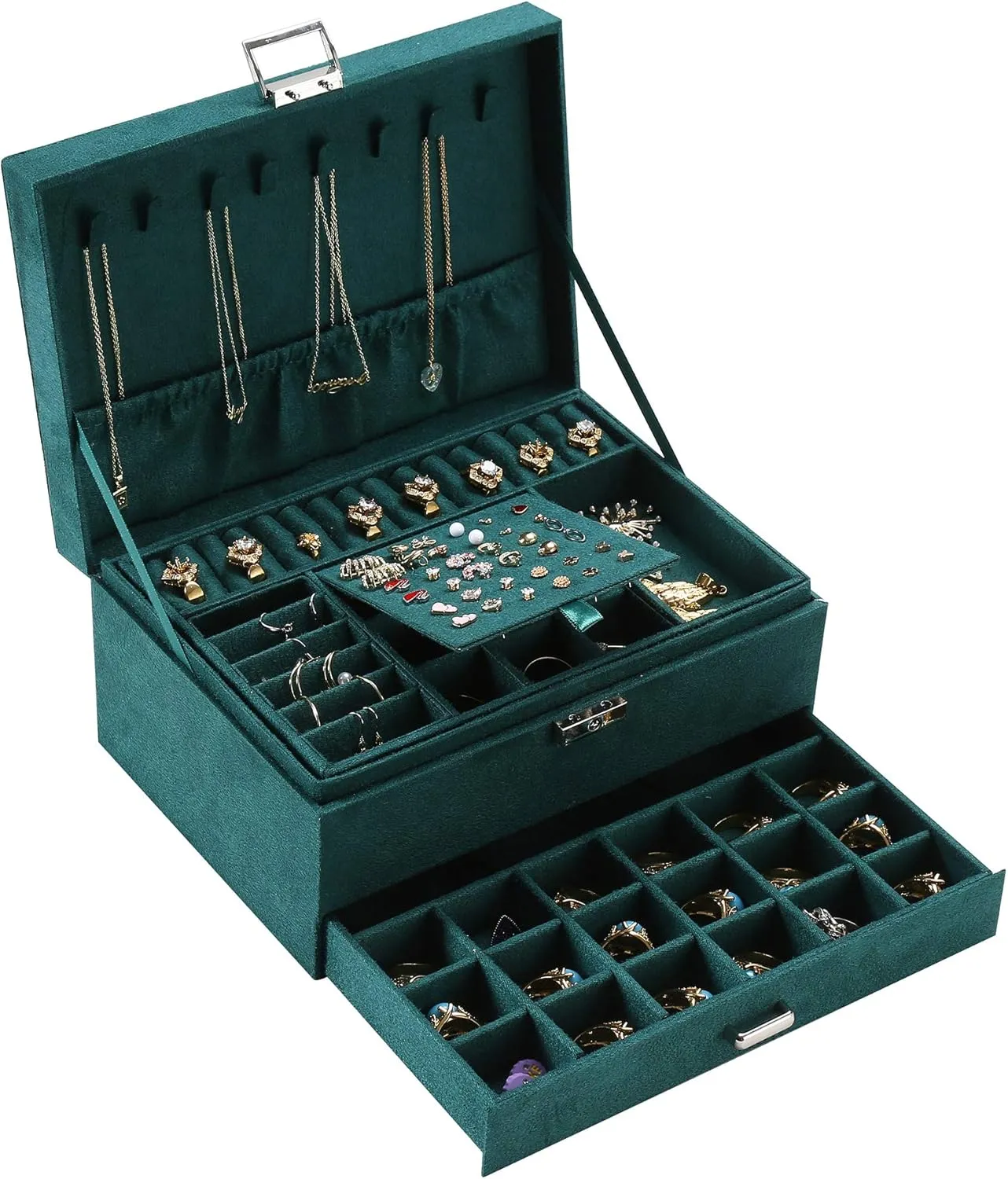 17 * 11CM1 ZUZOOQ Women basketmaking narcotic dominant agency Jewelry Organizer Box, 3-Layer Velvet Jewelry Boxes Display Storage Case with Lock for Rings Necklace Earrings, Green, 24 * 