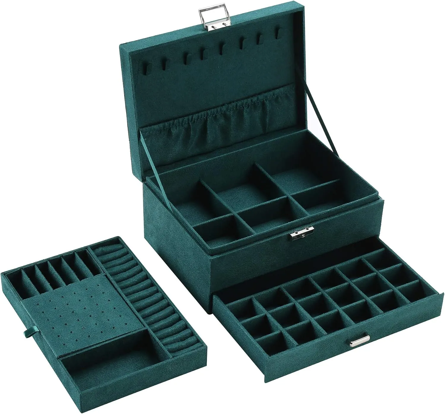 17 * 11CM1 ZUZOOQ Women basketmaking narcotic dominant agency Jewelry Organizer Box, 3-Layer Velvet Jewelry Boxes Display Storage Case with Lock for Rings Necklace Earrings, Green, 24 * 