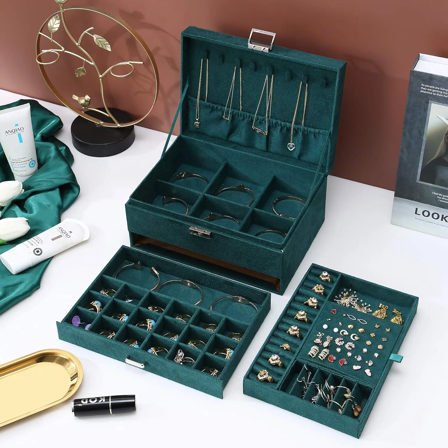 17 * 11CM1 ZUZOOQ Women basketmaking narcotic dominant agency Jewelry Organizer Box, 3-Layer Velvet Jewelry Boxes Display Storage Case with Lock for Rings Necklace Earrings, Green, 24 * 