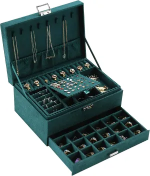 17 * 11CM1 ZUZOOQ Women basketmaking narcotic dominant agency Jewelry Organizer Box, 3-Layer Velvet Jewelry Boxes Display Storage Case with Lock for Rings Necklace Earrings, Green, 24 * 