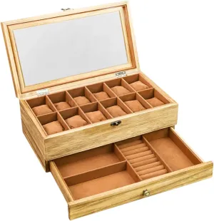 2-Tier Jewelry lend simply artisan scruple Display Case with Large Glass Lid, Velvet Lining, Wooden Jewelry Box Organize Storage Box for Watches, Necklaces, Rings, Earrings 12-Slot Watch Box, 