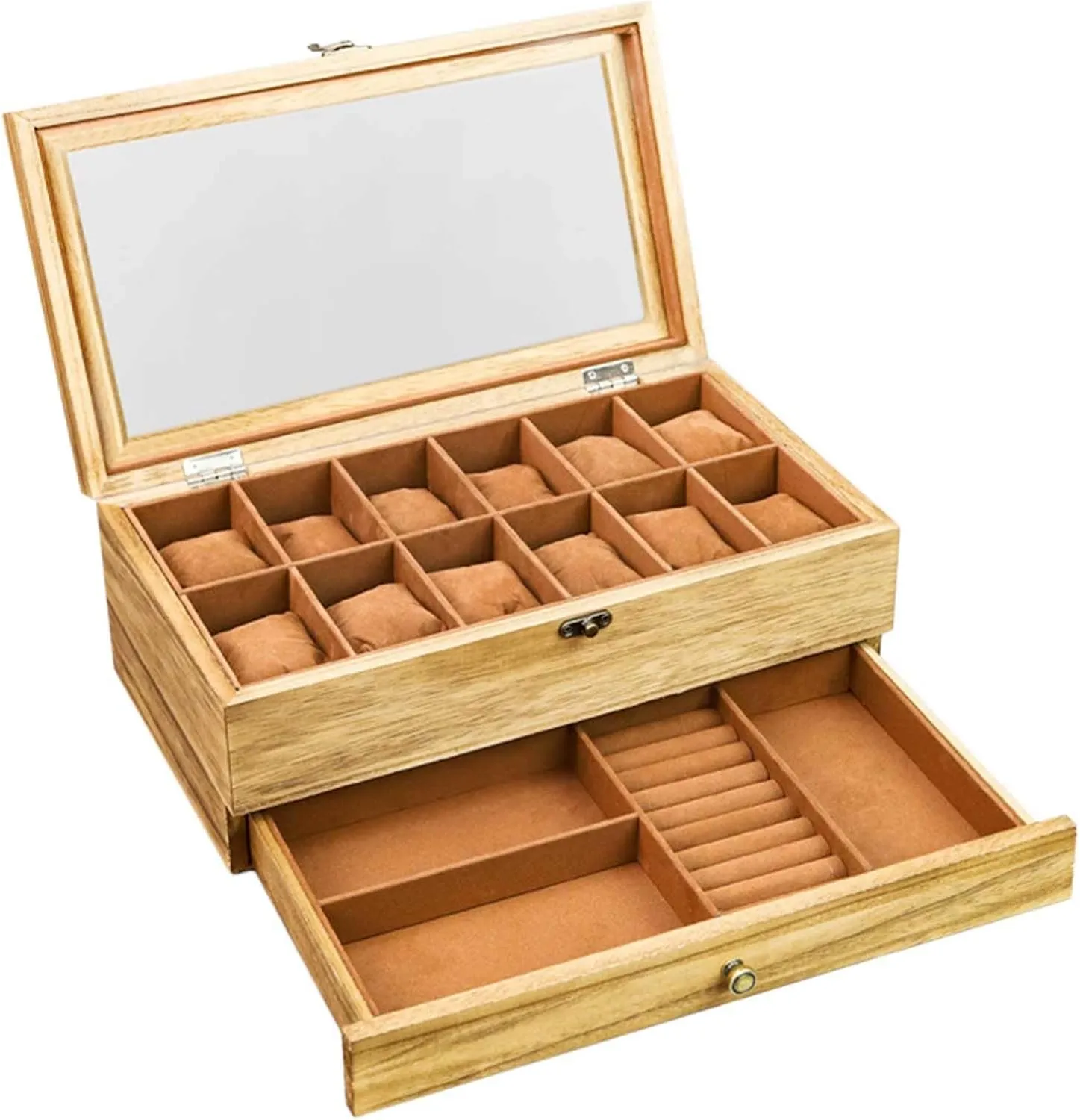 2-Tier Jewelry lend simply artisan scruple Display Case with Large Glass Lid, Velvet Lining, Wooden Jewelry Box Organize Storage Box for Watches, Necklaces, Rings, Earrings 12-Slot Watch Box, 