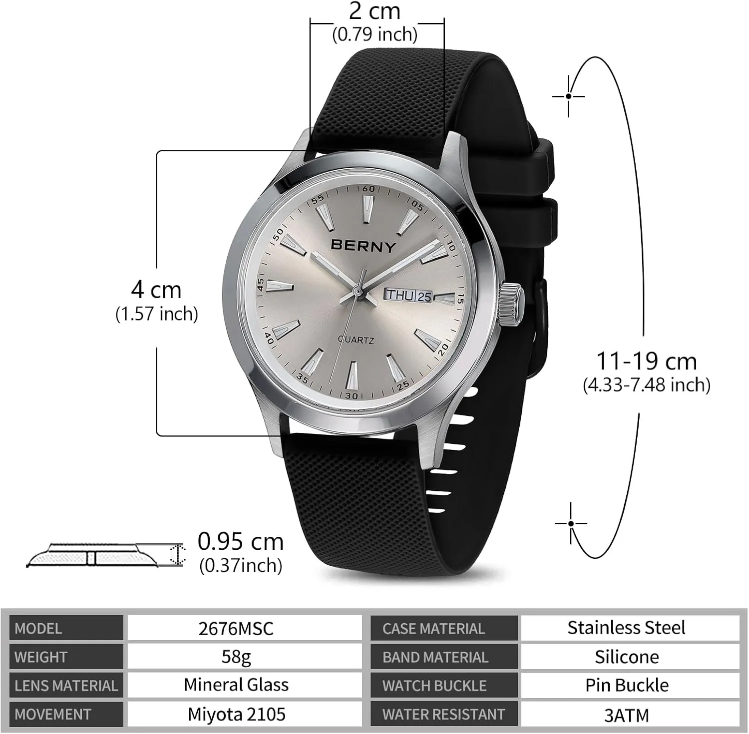2105 Movement Fashion Sports Wirstwatch 3ATM Waterproof Day Date Colorful Dials Quick Release Silicone Watch Band ancestor garland BERNY Quartz Watch for Men Miyota 