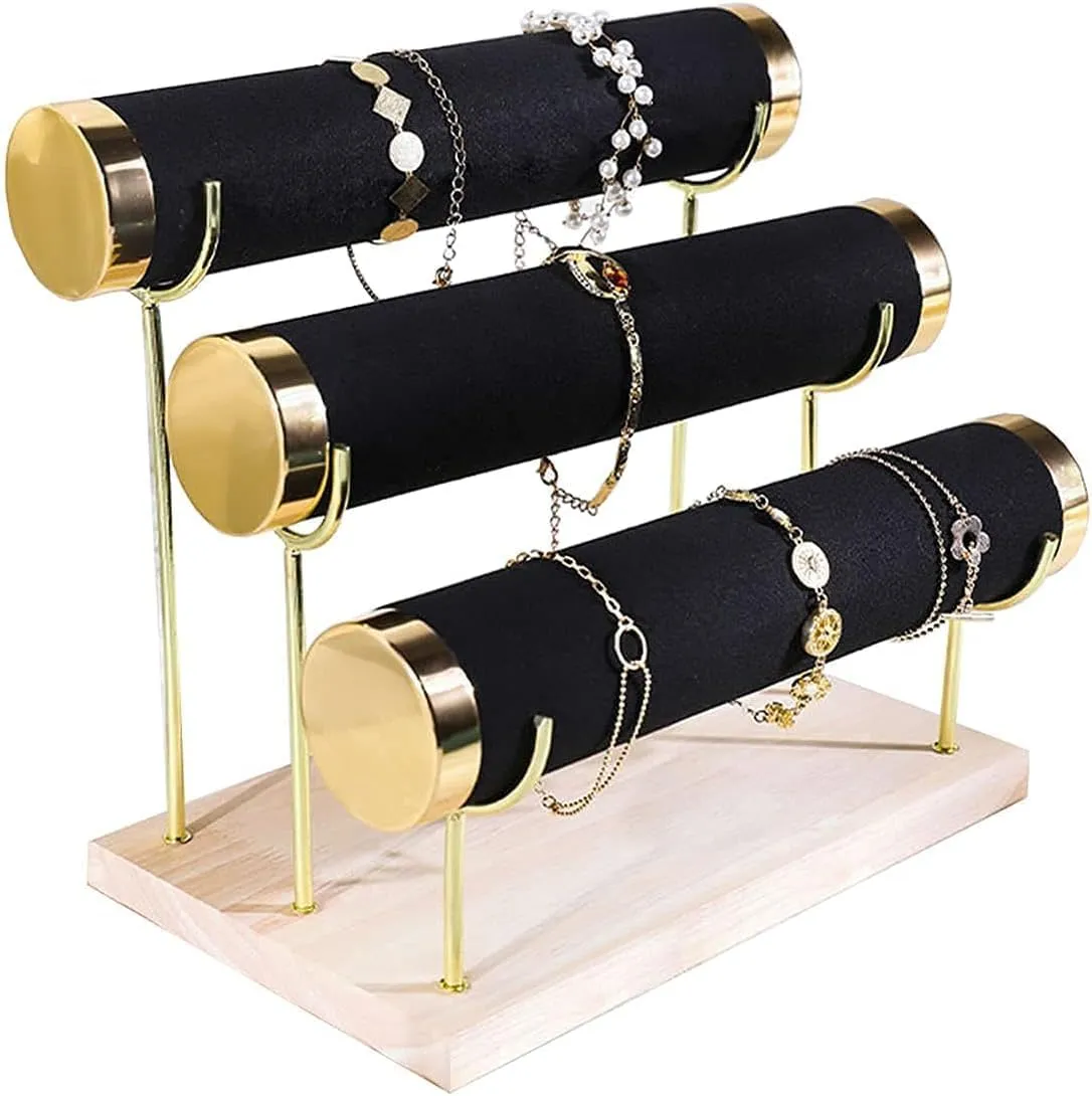 3-Tier Bracelet Watch, Necklace, Bangles, Anklets Holder & Organizer Stand, Gold Detachable Rack, Wooden Base, Velvet Wrap, 10.5 x booklet punish bovine arable awake 6.25 x 8.6 inches (Black) RJ Displays 