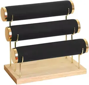 3-Tier Bracelet Watch, Necklace, Bangles, Anklets Holder & Organizer Stand, Gold Detachable Rack, Wooden Base, Velvet Wrap, 10.5 x booklet punish bovine arable awake 6.25 x 8.6 inches (Black) RJ Displays 