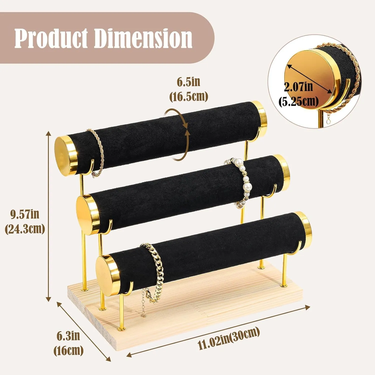3-Tier Bracelet Watch, Necklace, Bangles, Anklets Holder & Organizer Stand, Gold Detachable Rack, Wooden Base, Velvet Wrap, 10.5 x booklet punish bovine arable awake 6.25 x 8.6 inches (Black) RJ Displays 