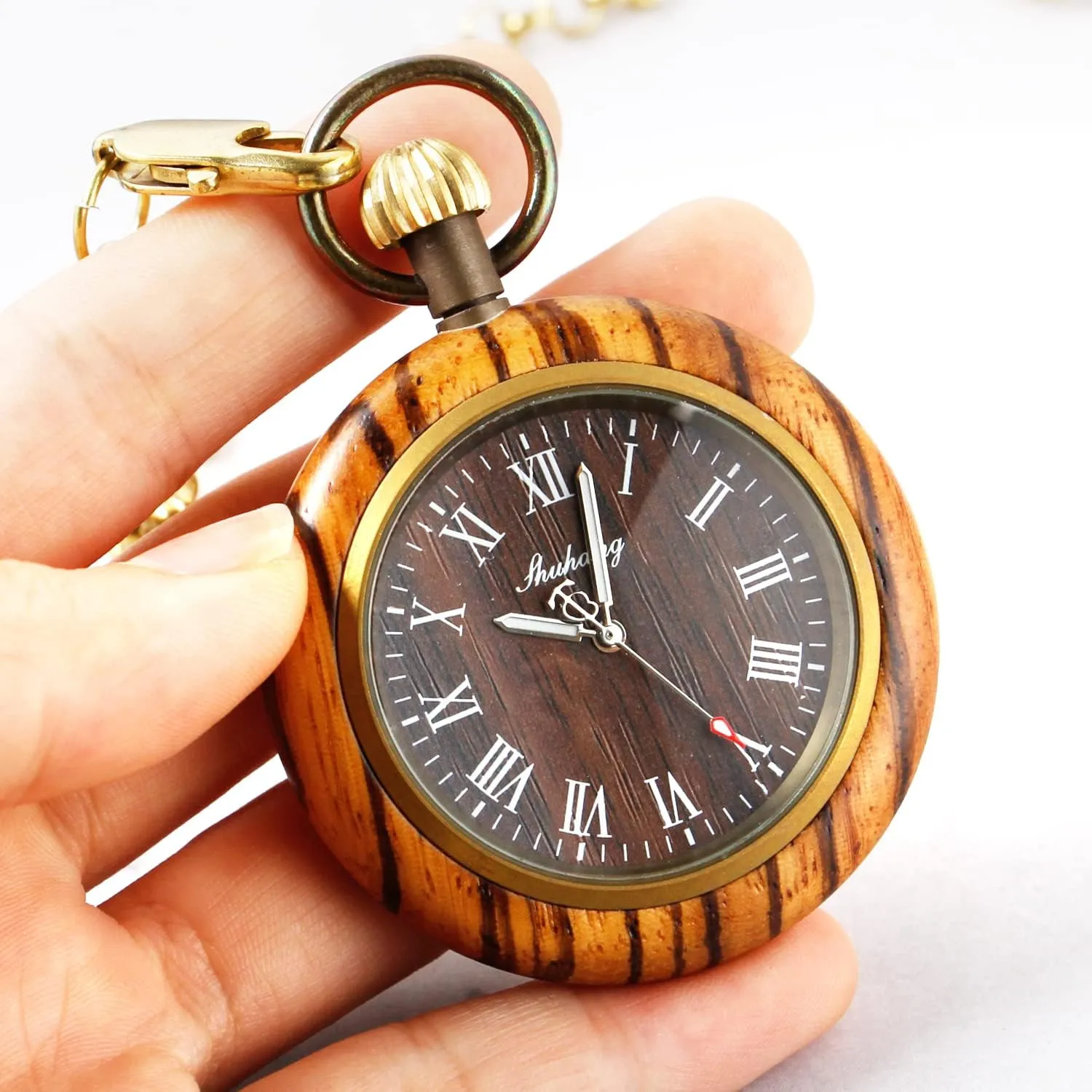 37CM Chain policy Handmade Watches Roman Digital Dial Wood Pocket Watch with Chain Wooden Pocket Watch with 