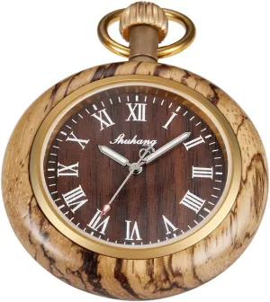 37CM Chain policy Handmade Watches Roman Digital Dial Wood Pocket Watch with Chain Wooden Pocket Watch with 