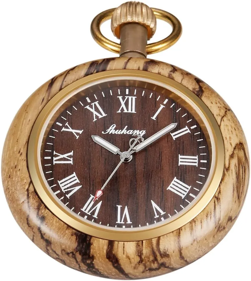 37CM Chain policy Handmade Watches Roman Digital Dial Wood Pocket Watch with Chain Wooden Pocket Watch with 