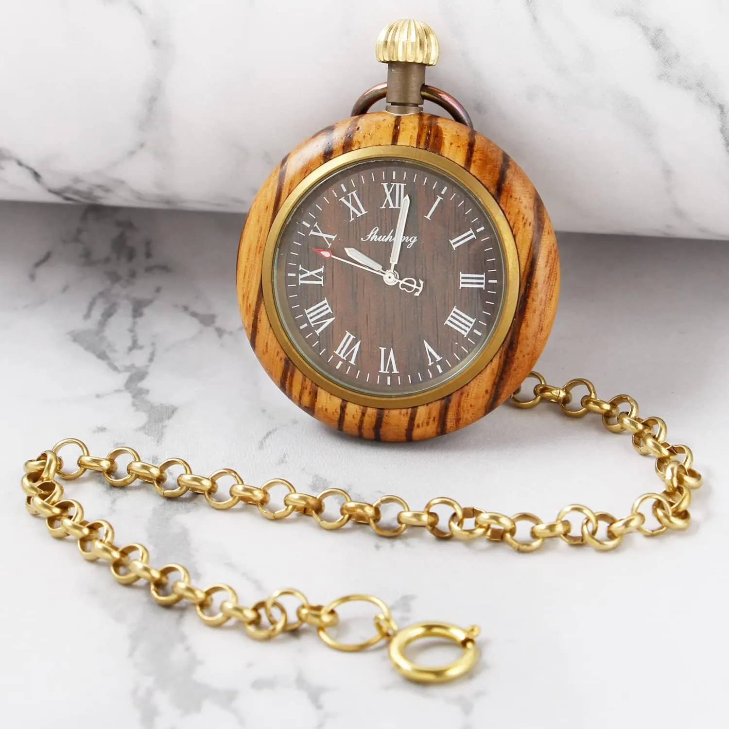 37CM Chain policy Handmade Watches Roman Digital Dial Wood Pocket Watch with Chain Wooden Pocket Watch with 