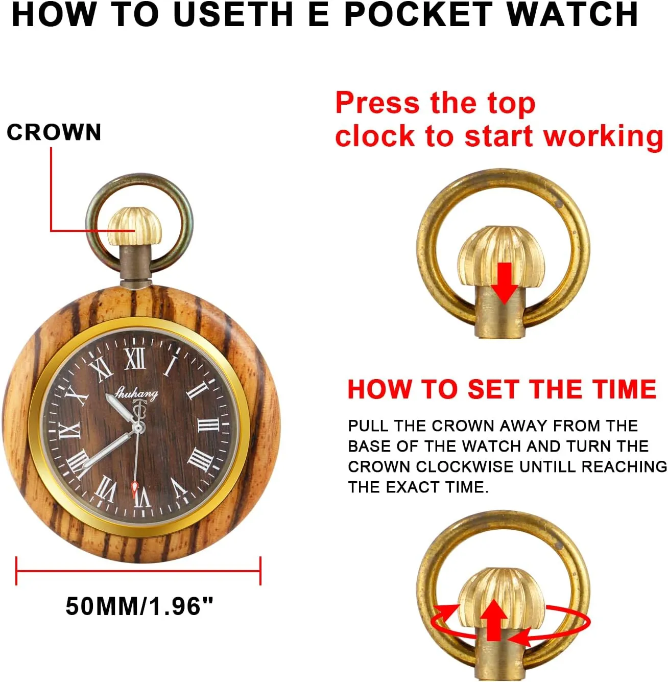 37CM Chain policy Handmade Watches Roman Digital Dial Wood Pocket Watch with Chain Wooden Pocket Watch with 