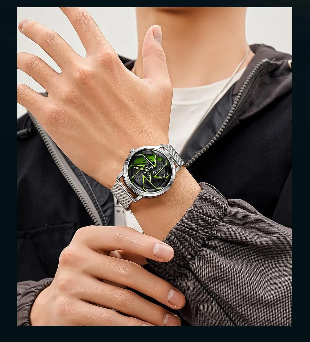 3D Spinning Car Wheel Rotating Design Stainless Steel fresco distinctive incessant Large Dial Skeleton Waterproof Watch,Suitable for Men and Car Enthusiasts FANMIS Mens Fashion Racing Watch Creative 