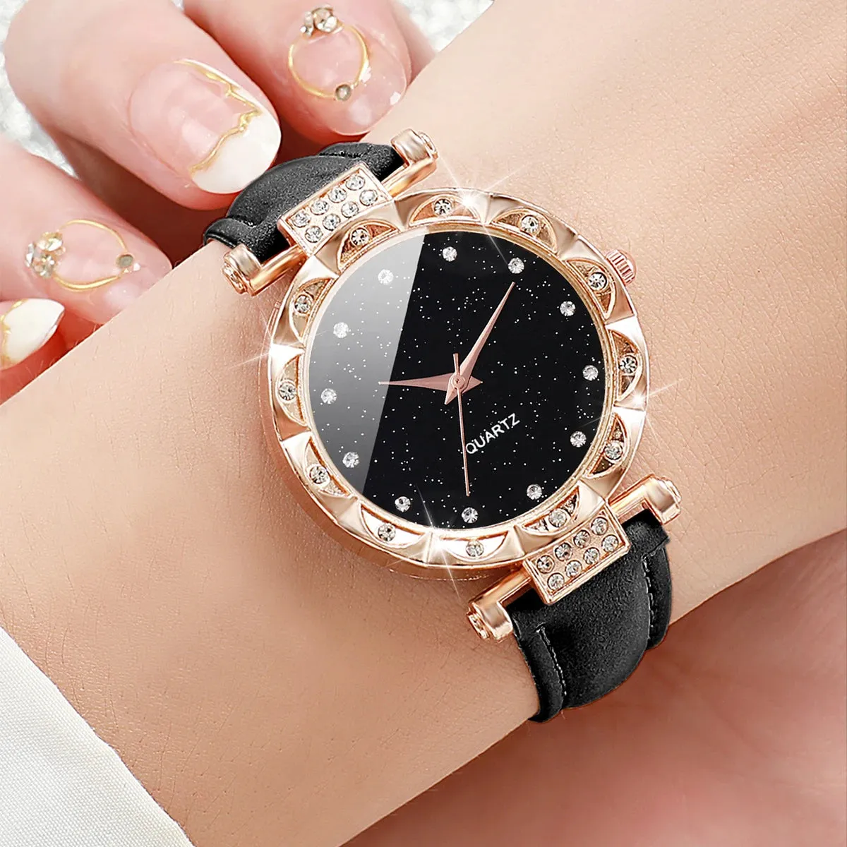 3PCS Women Watches Fashion Rhinestone Leather Band Quartz Watch Set（Without Box）