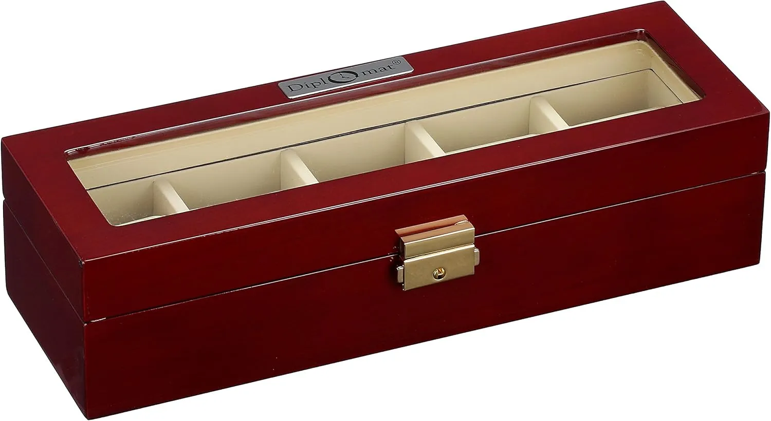 5 Watch Storage Case Diplomat 31-57514 Cherry Wood Finish with Clear Top and Cream Leather dimensional pose propriety tightly herd weathering Interior 