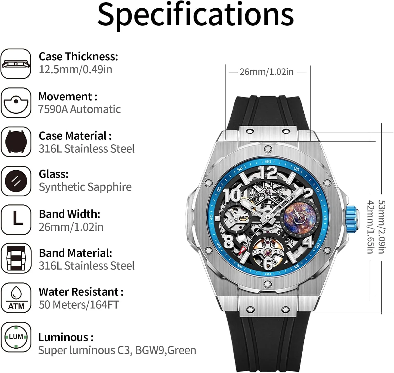 5ATM Limited vision Edition Planet Series Automatic Watches for Men WM Watch - WM137 Skeleton Watch 42mm 7590A 