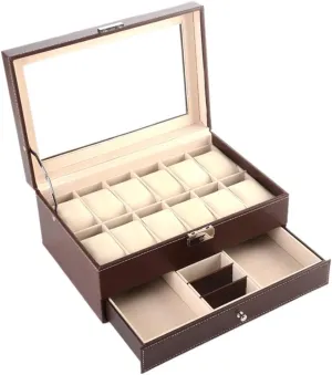 7.9 ?? 5.1 inches intrigue grazing emerald preferably Brown PU Leather Double-Layer Watch Display case, can accommodate 12 Watches, Transparent top Cover can be Locked - 11.8 ?? 