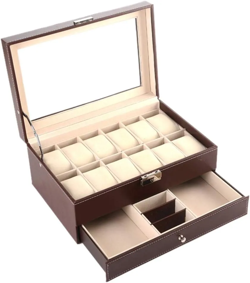 7.9 ?? 5.1 inches intrigue grazing emerald preferably Brown PU Leather Double-Layer Watch Display case, can accommodate 12 Watches, Transparent top Cover can be Locked - 11.8 ?? 