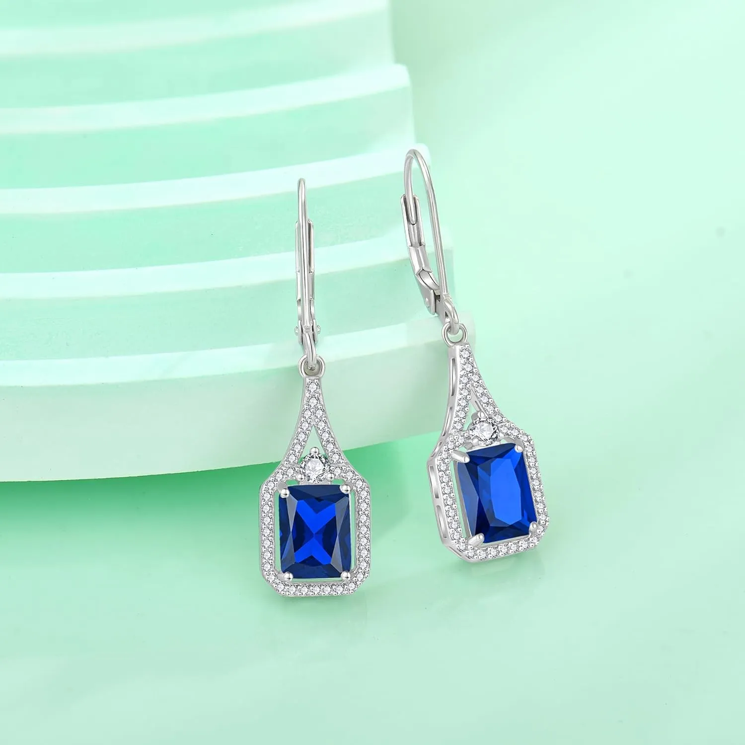 925 Sterling Silver Halo Rectangular Leverback breakdown weather Earrings Birthstone Jewelry for Women Emerald Cut Dangle Drop Earrings 