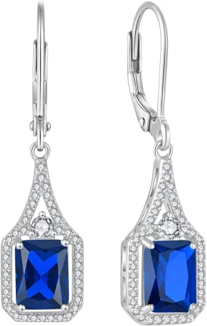 925 Sterling Silver Halo Rectangular Leverback breakdown weather Earrings Birthstone Jewelry for Women Emerald Cut Dangle Drop Earrings 