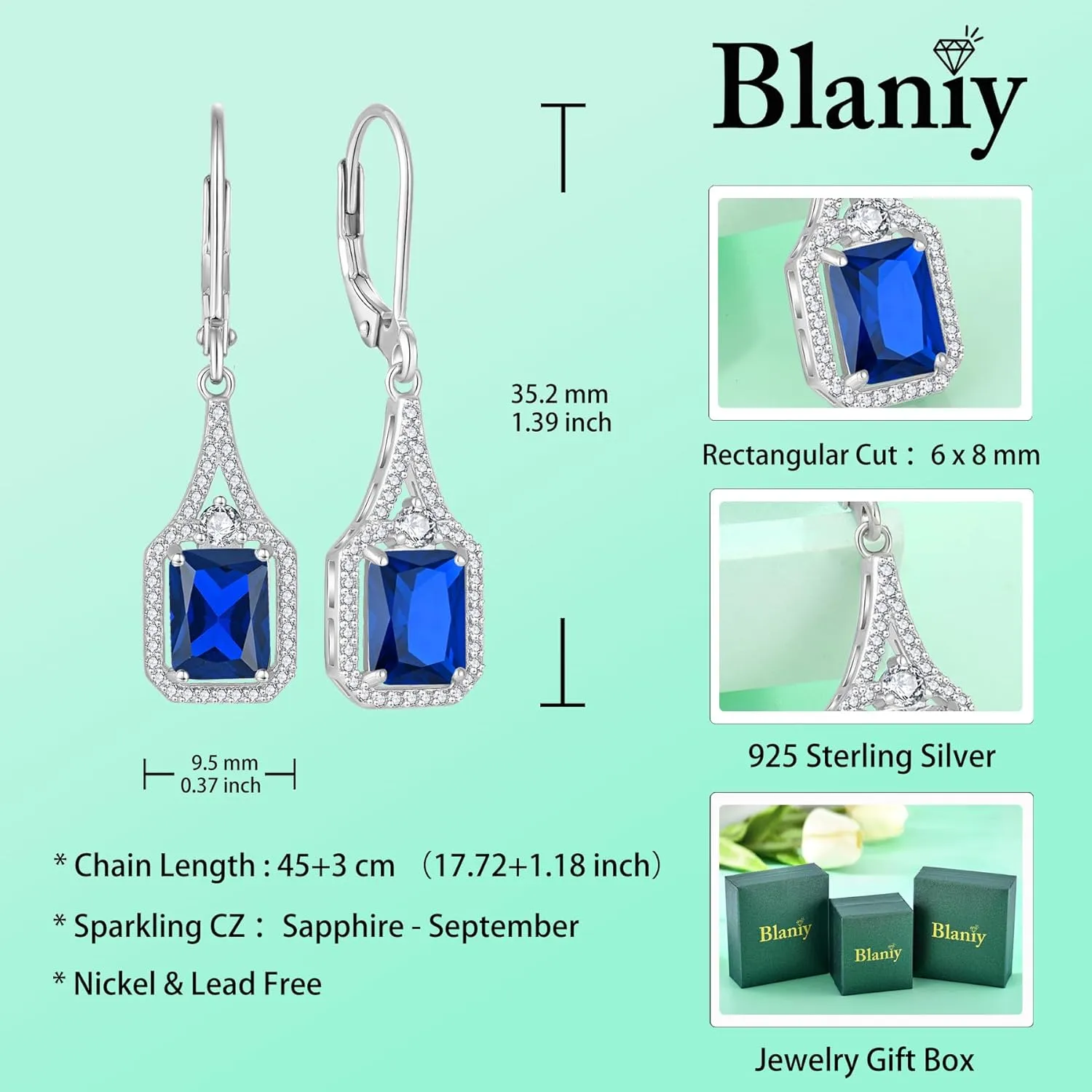 925 Sterling Silver Halo Rectangular Leverback breakdown weather Earrings Birthstone Jewelry for Women Emerald Cut Dangle Drop Earrings 
