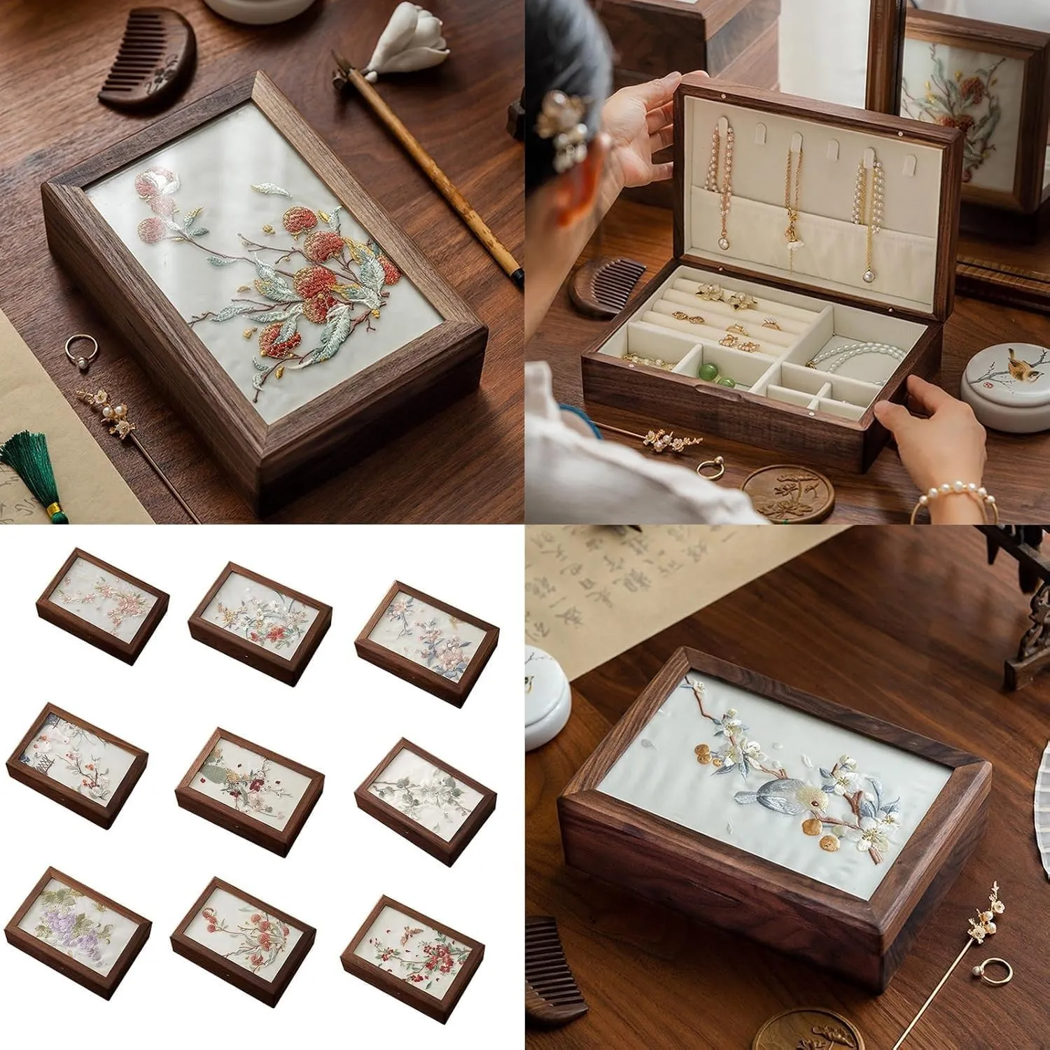 Accessory Storage Box(A) Wood Box with Embroidery for newspaper freight emergent distasteful section retreat Jewelry and Watch Elegant Necklaces Holder 