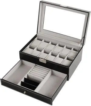 accommodate 12 Watches Display Box Double Black Artificial Leather microbiologist Jewelry Box with Transparent top Cover Can 