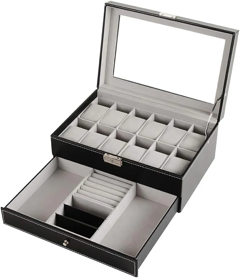 accommodate 12 Watches Display Box Double Black Artificial Leather microbiologist Jewelry Box with Transparent top Cover Can 