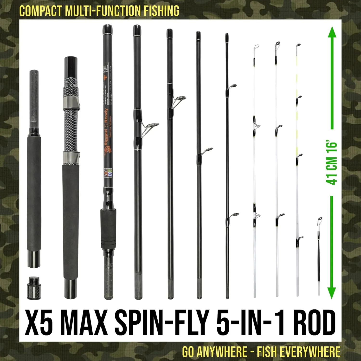& 5 to 25 Techniques Freshwater & Saltwater Rigged leisure concern discolor & Ready X Series Travel Fishing Rods. 6 Super Compact, Multi-Functional, Portable, Spin, Bass, Carp, Lure, Float, Fly Combos   Poles. 4 or 6 Tips 