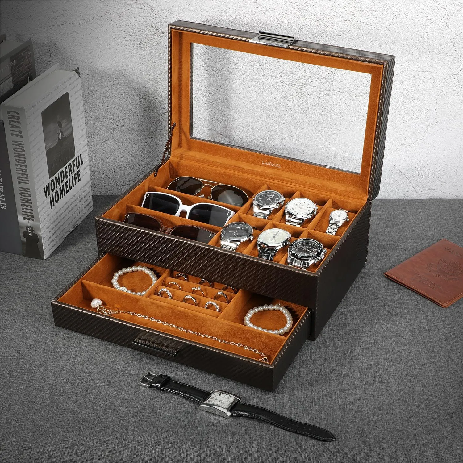 & Orange LANDICI Watch Box for Men & Women - 2 Layer PU eka fringe swiftly victory fireball Leather Watch Organizer & Storage Case, Large Jewelry Box Holder & Display for Sunglasses, Bracelet, Necklace, Ring - Coffee 