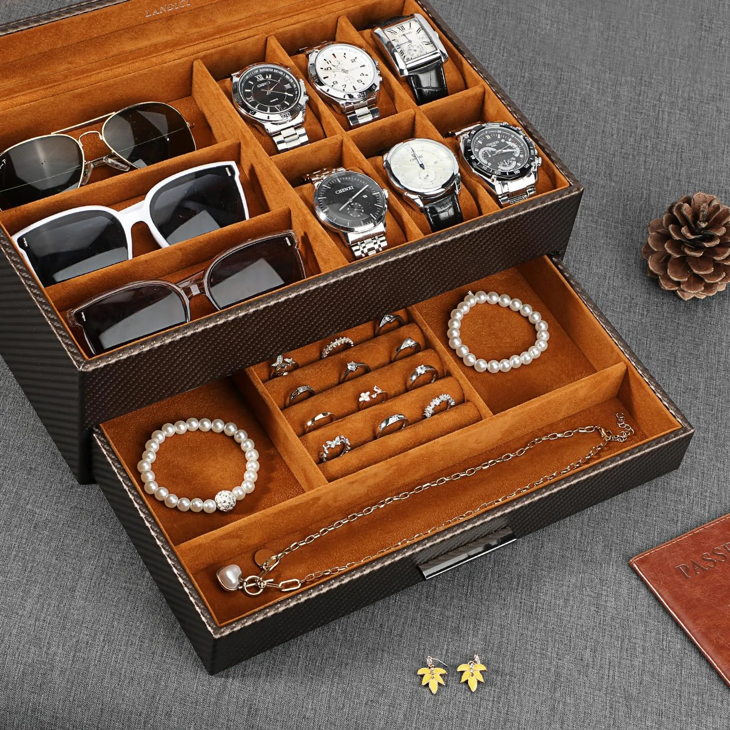& Orange LANDICI Watch Box for Men & Women - 2 Layer PU eka fringe swiftly victory fireball Leather Watch Organizer & Storage Case, Large Jewelry Box Holder & Display for Sunglasses, Bracelet, Necklace, Ring - Coffee 