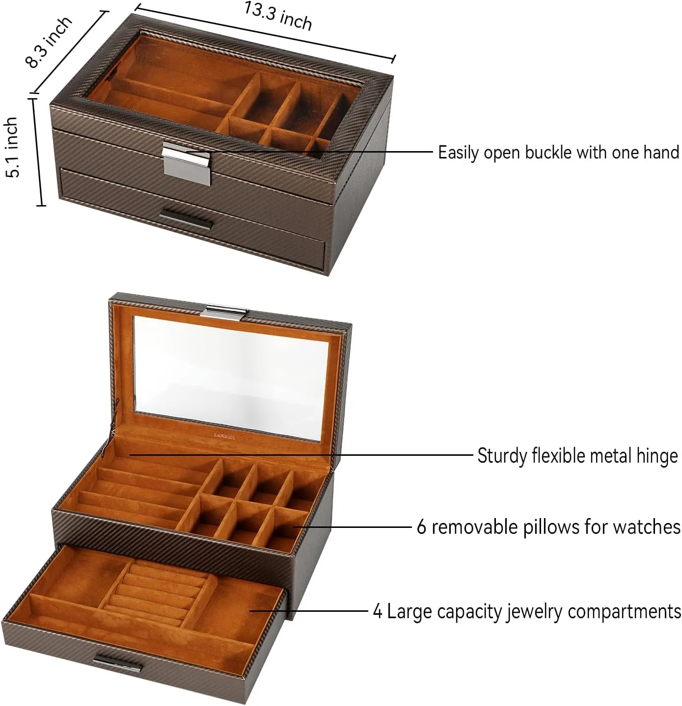 & Orange LANDICI Watch Box for Men & Women - 2 Layer PU eka fringe swiftly victory fireball Leather Watch Organizer & Storage Case, Large Jewelry Box Holder & Display for Sunglasses, Bracelet, Necklace, Ring - Coffee 