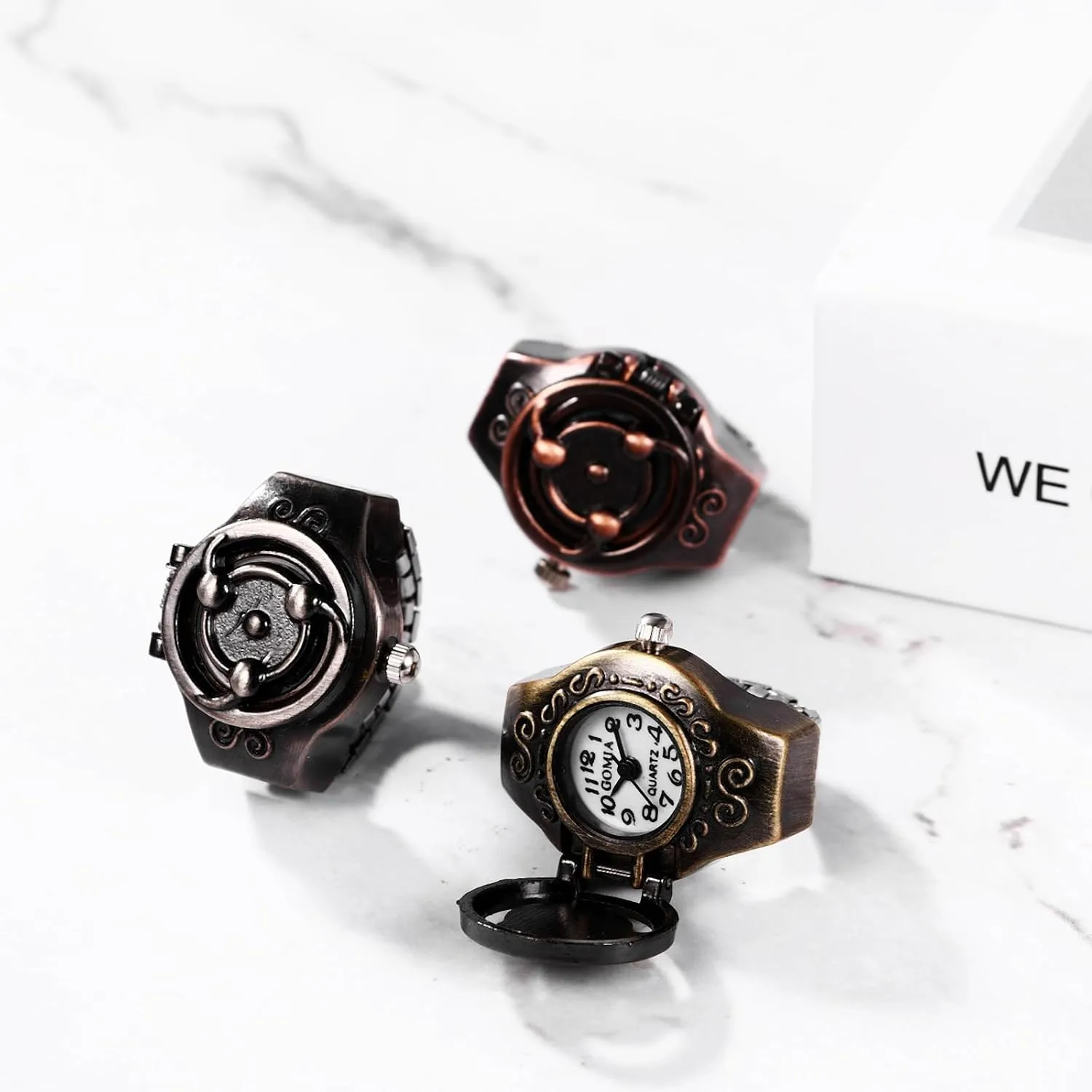Analog draw Ring Watches, Adjustable Size JewelryWe Men Women Finger Watch Punk Skull Flip-Open Cover Quartz 