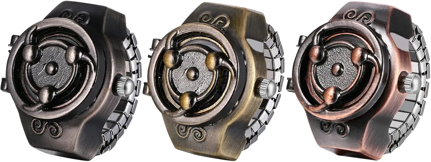 Analog draw Ring Watches, Adjustable Size JewelryWe Men Women Finger Watch Punk Skull Flip-Open Cover Quartz 