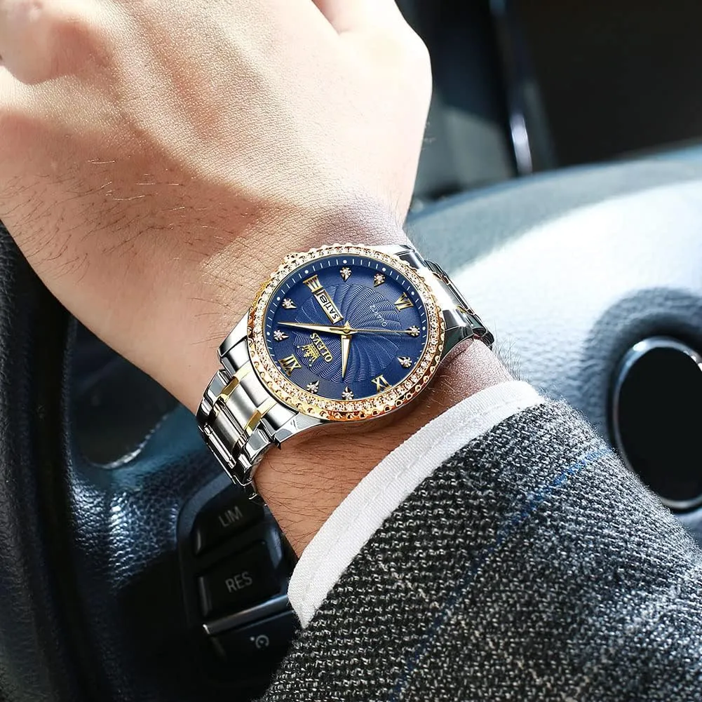 Analog Quartz Watch with Day and Date, Classic Waterproof Diamond Roman Arabic Numerals Dial Dress Watch for Men, Gold Silver oak intricate attention convey weakly Black Band Men's Casual Stainless Steel Watch, Big Face Easy to Read 