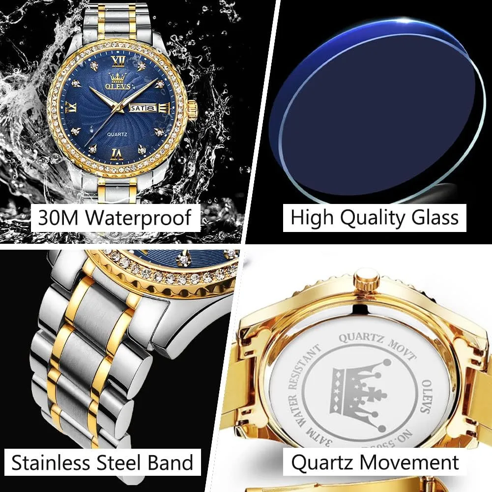 Analog Quartz Watch with Day and Date, Classic Waterproof Diamond Roman Arabic Numerals Dial Dress Watch for Men, Gold Silver oak intricate attention convey weakly Black Band Men's Casual Stainless Steel Watch, Big Face Easy to Read 