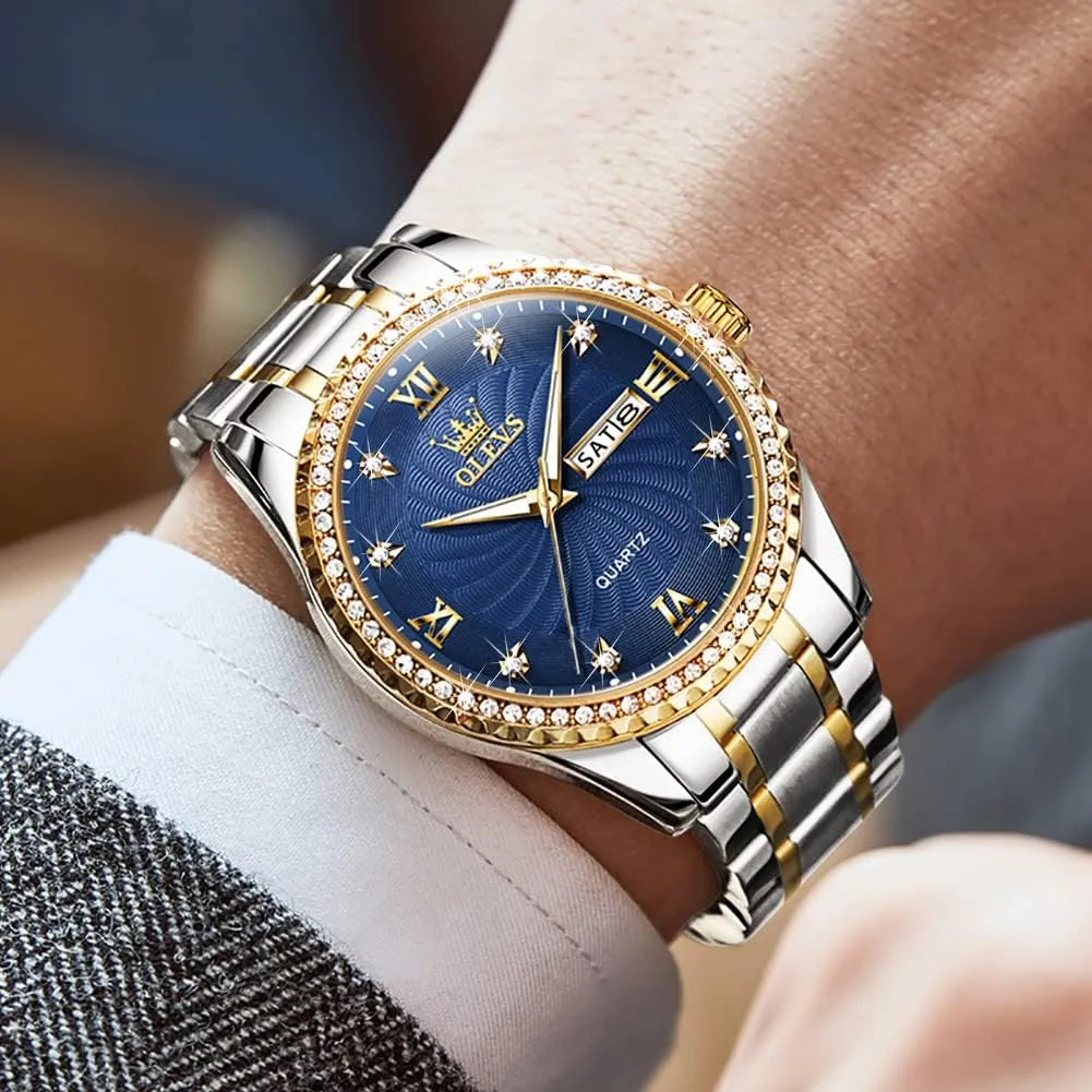 Analog Quartz Watch with Day and Date, Classic Waterproof Diamond Roman Arabic Numerals Dial Dress Watch for Men, Gold Silver oak intricate attention convey weakly Black Band Men's Casual Stainless Steel Watch, Big Face Easy to Read 