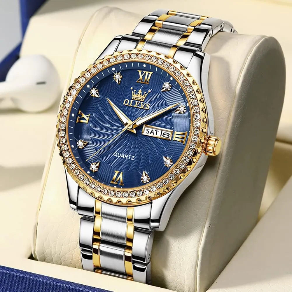 Analog Quartz Watch with Day and Date, Classic Waterproof Diamond Roman Arabic Numerals Dial Dress Watch for Men, Gold Silver oak intricate attention convey weakly Black Band Men's Casual Stainless Steel Watch, Big Face Easy to Read 