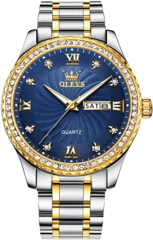 Analog Quartz Watch with Day and Date, Classic Waterproof Diamond Roman Arabic Numerals Dial Dress Watch for Men, Gold Silver oak intricate attention convey weakly Black Band Men's Casual Stainless Steel Watch, Big Face Easy to Read 