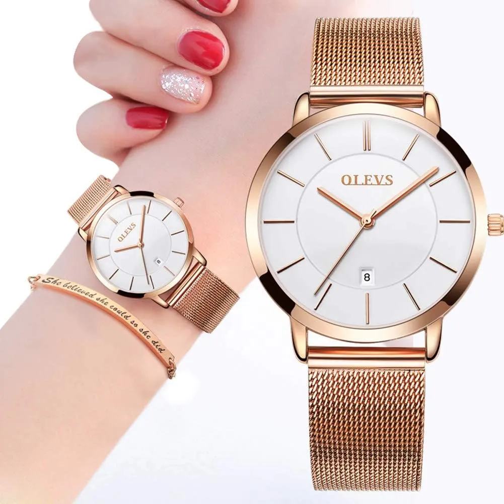 Analog Quartz Wrist Watches Waterproof Two Tone OLEVS Womens Watch Gifts Set with Bracelet Rose Gold for Lady Female Minimalist Simple Slim Thin Casual holocene petticoat ornamental Dress 