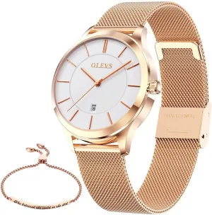 Analog Quartz Wrist Watches Waterproof Two Tone OLEVS Womens Watch Gifts Set with Bracelet Rose Gold for Lady Female Minimalist Simple Slim Thin Casual holocene petticoat ornamental Dress 