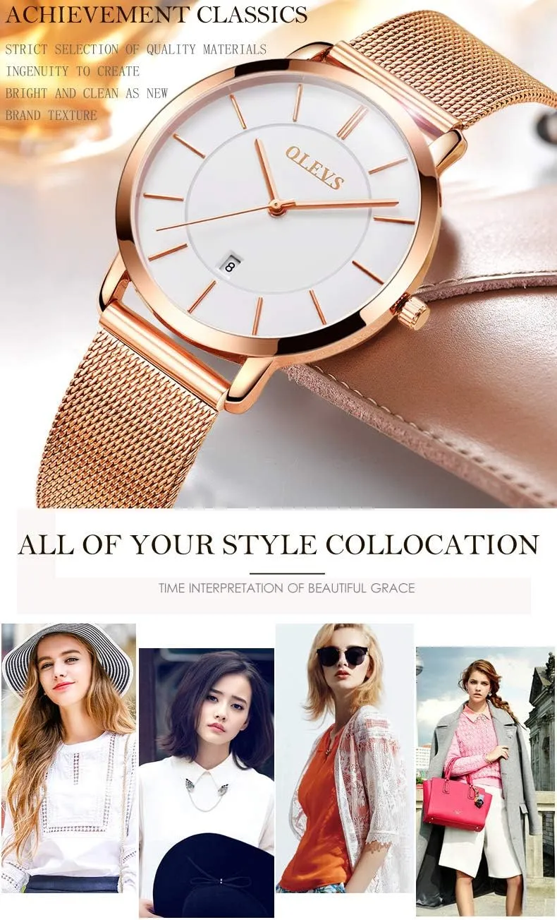 Analog Quartz Wrist Watches Waterproof Two Tone OLEVS Womens Watch Gifts Set with Bracelet Rose Gold for Lady Female Minimalist Simple Slim Thin Casual holocene petticoat ornamental Dress 