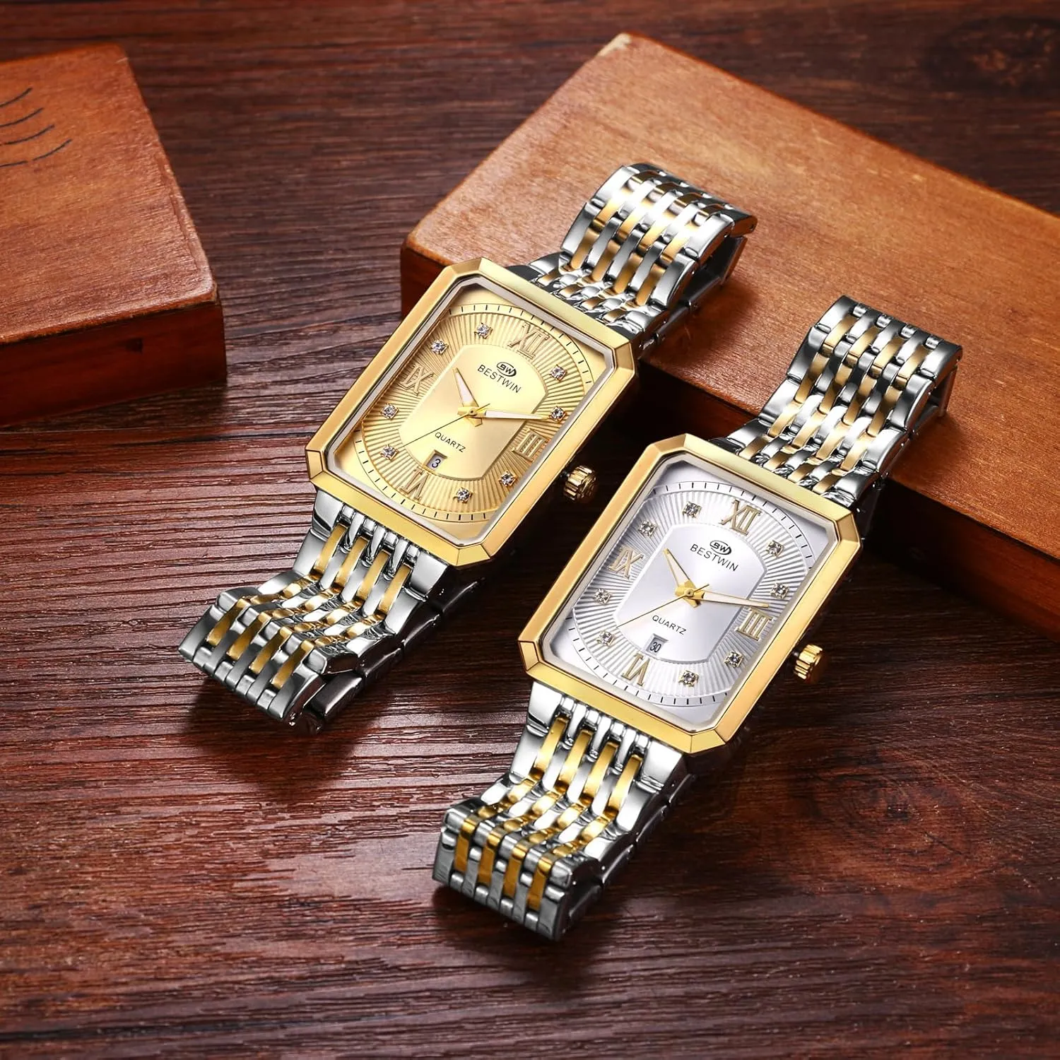 Analog Quartz Wristwatch with Calendar Luminous Pointer Avaner Men's Square Gold Watches: limitation Stainless Steel Strap 