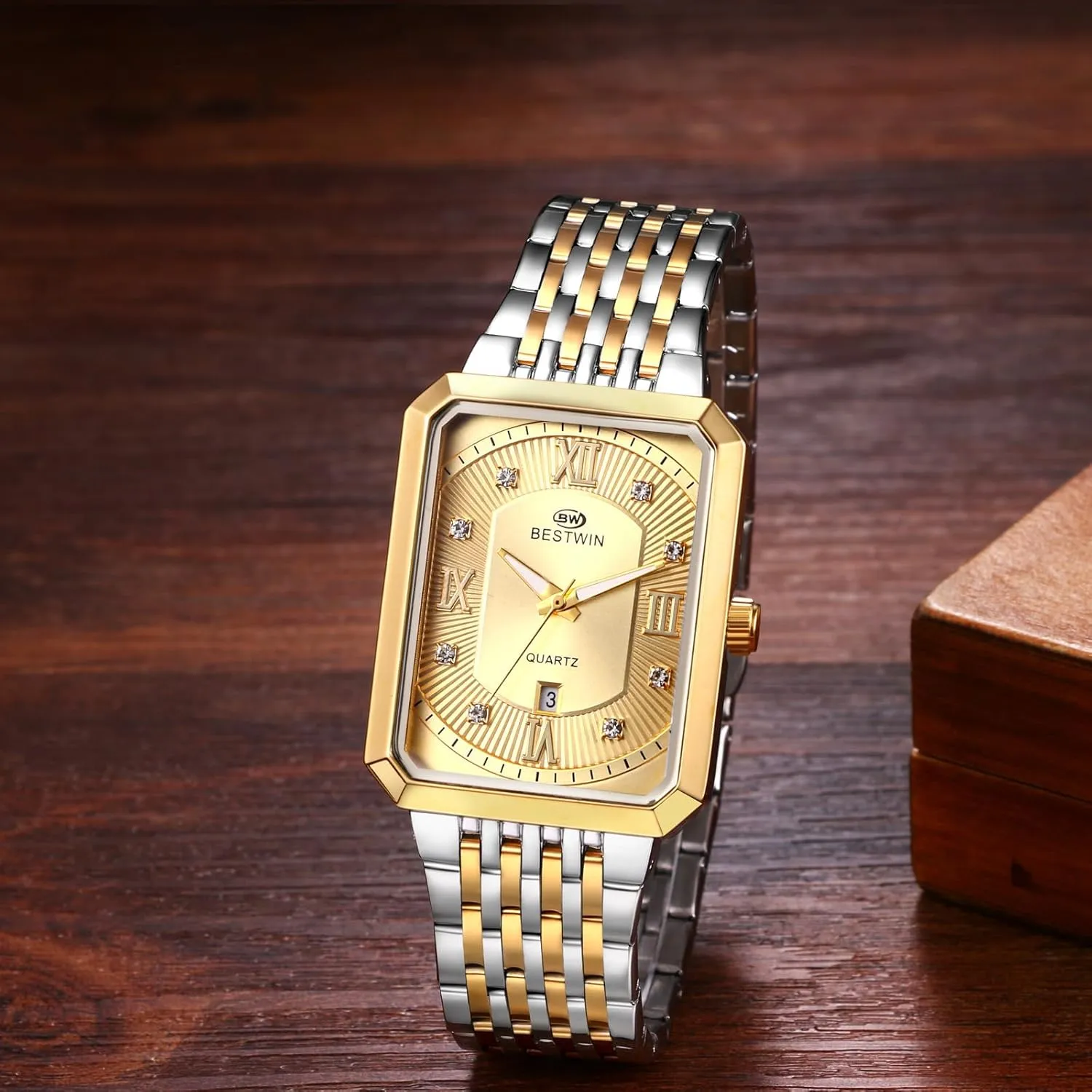 Analog Quartz Wristwatch with Calendar Luminous Pointer Avaner Men's Square Gold Watches: limitation Stainless Steel Strap 