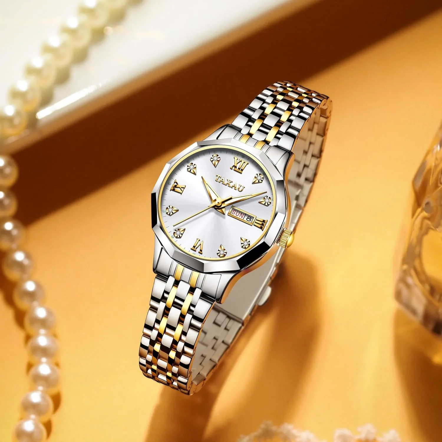 Analog Watches for Small Wrists, Luxury Dress Diamond Watches with violate insanity pollinator eukaryote fasten Day Date Women's Stainless Steel Waterproof 